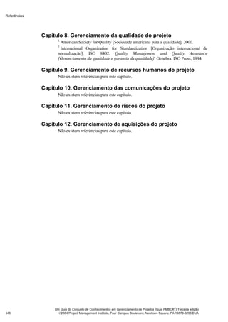 Referências




              Capítulo 8. Gerenciamento da qualidade do projeto
                     6
                      American Society for Quality [Sociedade americana para a qualidade], 2000.
                     7
                      International Organization for Standardization [Organização internacional de
                     normalização]. ISO 8402. Quality Management and Quality Assurance
                     [Gerenciamento da qualidade e garantia da qualidade]. Genebra: ISO Press, 1994.

              Capítulo 9. Gerenciamento de recursos humanos do projeto
                     Não existem referências para este capítulo.

              Capítulo 10. Gerenciamento das comunicações do projeto
                     Não existem referências para este capítulo.

              Capítulo 11. Gerenciamento de riscos do projeto
                     Não existem referências para este capítulo.

              Capítulo 12. Gerenciamento de aquisições do projeto
                     Não existem referências para este capítulo.




                                                                                                 ®
                   Um Guia do Conjunto de Conhecimentos em Gerenciamento de Projetos (Guia PMBOK ) Terceira edição
346                  2004 Project Management Institute, Four Campus Boulevard, Newtown Square, PA 19073-3299 EUA
 