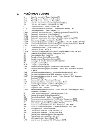 2.   ACRÔNIMOS COMUNS
     AI     Data alvo para início / Target Start date (TS)
     ANN    Atividade no nó / Activity-on-Node (AON)
     ANS    Atividade na seta / Activity-on-Arrow (AOA)
     AT     Data alvo para término / Target Completion date (TC)
     AT     Data alvo para término / Target Finish date (TF)
     CC     Conta de controle / Control Account (CA)
     CCM    Comitê de controle de mudanças / Change Control Board (CCB)
     CDQ    Custo da qualidade / Cost of Quality (COQ)
     CMPC   Custo mais percentual do custo / Cost-Plus-Percentage of Cost (CPPC)
     CMR    Custo mais remuneração / Cost-Plus-Fee (CPF)
     CMRF   Custo mais remuneração fixa / Cost-Plus-Fixed-Fee (CPFF)
     CMRI   Custo mais remuneração de incentivo / Cost-Plus-Incentive-Fee (CPIF)
     CONV   Convite para licitação / Invitation for Bid (IFB)
     COTA   Custo orçado do trabalho agendado / Budgeted Cost of Work Scheduled (BCWS)
     COTR   Custo orçado do trabalho realizado / Budgeted Cost of Work Performed (BCWP)
     CPM    Método do caminho crítico / Critical Path Method (CPM)
     CQ     Controle da qualidade / Quality Control (QC)
     CR     Custo real / Actual Cost (AC)
     CRTR   Custo real do trabalho realizado / Actual Cost of Work Performed (ACWP)
     DA     Descrição da atividade / Activity Description (AD)
     DD     Data dos dados / Data Date (DD)
     DO     Duração original / Original Duration (OD)
     DR     Duração restante / Remaining Duration (RD)
     DT     Declaração do trabalho / Statement of Work (SOW)
     DU     Duração / Duration (DU)
     DUR    Duração / Duration (DUR)
     EAP    Estrutura analítica do projeto / Work Breakdown Structure (WBS)
     EAPC   Estrutura analítica do projeto contratado / Contract Work Breakdown Structure
            (CWBS)
     EAR    Estrutura analítica dos recursos / Resource Breakdown Structure (RBS)
     EAR    Estrutura analítica dos riscos / Risk Breakdown Structure (RBS)
     EARP   Estrutura analítica do resumo do projeto / Project Summary Work Breakdown
            Structure (PSWBS)
     ED     Esforço distribuído / Apportioned Effort (AE)
     ENT    Estimativa no término / Estimate at Completion (EAC)
     EPT    Estimativa para terminar / Estimate to Complete (ETC)
     EV     Engenharia de valor / Value Engineering (VE)
     FL     Folga livre / Free Float (FF)
     FMEA   Análise de modos e efeitos de falha / Failure Mode and Effect Analysis (FMEA)
     FT     Folga total / Total Float (TF)
     GP     Gerenciamento de projetos / Project Management (PM)
     GP     Gerente de projetos / Project Manager (PM)
     GQ     Garantia da qualidade / Quality Assurance (QA)
     GQT    Gerenciamento da qualidade total / Total Quality Management (TQM)
     GVA    Gerenciamento de valor agregado / Earned Value Management (EVM)
     IA     Data de início agendada / Scheduled Start date (SS)
     IDC    Índice de desempenho de custos / Cost Performance Index (CPI)
     IDP    Índice de desempenho de prazos / Schedule Performance Index (SPI)
     II     Início para início / Start-to-Start (SS)
     IMC    Data de início mais cedo / Early Start date (ES)
     IMT    Data de início mais tarde / Late Start date (LS)
     IP     Data de início planejada / Planned Start date (PS)
     IR     Data de início real / Actual Start date (AS)
     IT     Início para término / Start-to-Finish (SF)
     LPM    Lista de preço de materiais / Bill Of Materials (BOM)
 