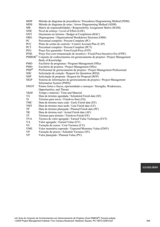 MDP         Método do diagrama de precedência / Precedence Diagramming Method (PDM)
          MDS         Método do diagrama de setas / Arrow Diagramming Method (ADM)
          MR          Matriz de responsabilidades / Responsibility Assignment Matrix (RAM)
          NDE         Nível de esforço / Level of Effort (LOE)
          ONT         Orçamento no término / Budget at Completion (BAC)
          ORG         Organograma / Organizational Breakdown Structure (OBS)
          PC          Percentual completo / Percent Complete (PC)
          PCC         Plano de contas de controle / Control Account Plan (CAP)
          PCT         Percentual completo / Percent Complete (PCT)
          PFG         Preço fixo garantido / Firm-Fixed-Price (FFP)
          PFRI        Preço fixo com remuneração de incentivo / Fixed-Price-Incentive-Fee (FPIF)
          PMBOK®      Conjunto de conhecimentos em gerenciamento de projetos / Project Management
                      Body of Knowledge
          PMO         Escritório de programas / Program Management Office
          PMO         Escritório de projetos / Project Management Office
          PMP®        Profissional de gerenciamento de projetos / Project Management Professional
          SDC         Solicitação de cotação / Request for Quotation (RFQ)
          SDP         Solicitação de proposta / Request for Proposal (RFP)
          SIGP        Sistema de informações do gerenciamento de projetos / Project Management
                      Information System (PMIS)
          SWOT        Pontos fortes e fracos, oportunidades e ameaças / Strengths, Weaknesses,
                      Opportunities, and Threats
          T&M         Tempo e material / Time and Material
          TA          Data de término agendada / Scheduled Finish date (SF)
          TI          Término para início / Finish-to-Start (FS)
          TMC         Data de término mais cedo / Early Finish date (EF)
          TMT         Data de término mais tarde / Late Finish date (LF)
          TP          Data de término planejada / Planned Finish date (PF)
          TR          Data de término real / Actual Finish date (AF)
          TT          Término para término / Finish-to-Finish (FF)
          TVA         Técnica do valor agregado / Earned Value Technique (EVT)
          VA          Valor agregado / Earned Value (EV)
          VC          Variação de custos / Cost Variance (CV)
          VME         Valor monetário esperado / Expected Monetary Value (EMV)
          VP          Variação de prazos / Schedule Variance (SV)
          VP          Valor planejado / Planned Value (PV)




                                                                                                    GLOSSÁRIO




                                                                              ®
Um Guia do Conjunto de Conhecimentos em Gerenciamento de Projetos (Guia PMBOK ) Terceira edição
2004 Project Management Institute, Four Campus Boulevard, Newtown Square, PA 19073-3299 EUA          349
 