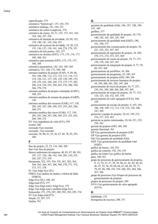 Índice



         especificação, 375                                         G
         estimativa “bottom-up”, 137, 165, 353
                                                                    garantia da qualidade (GQ), 186, 187, 188, 189,
         estimativa análoga, 141, 164, 351
                                                                    197, 349
         estimativa de custos exeqüíveis, 374
                                                                    gatilhos, 377
         estimativa de custos, 10, 51, 135, 157, 161, 162,
                                                                    gerenciamento da qualidade do projeto, 10, 179,
             164, 166, 167, 356
                                                                       180, 182, 183, 185, 347, 369
         estimativa de duração da atividade, 10, 50, 123,
                                                                    gerenciamento da qualidade total (GQT), 180,
             139, 140, 141, 142, 164, 351
                                                                       181, 350, 377
         estimativa de recursos da atividade, 10, 50, 123,
                                                                    gerenciamento das comunicações do projeto, 10,
             135, 136, 137, 138, 141, 164, 274, 279, 351
                                                                       221, 222, 223, 347, 367
         estimativa de três pontos, 142, 377
                                                                    gerenciamento de aquisições do projeto, 10, 269,
         estimativa no término (ENT), 173, 175, 176, 177,
                                                                       270, 271, 272, 273, 347, 369
             348, 360, 363
                                                                    gerenciamento de custos do projeto, 10, 77, 157,
         estimativa para terminar (EPT), 173, 175, 177,
                                                                       158, 159, 160, 347, 367
             348, 360
                                                                    gerenciamento de integração do projeto, 9, 77, 79,
         estimativa paramétrica, 142, 165, 169, 365
                                                                       80, 347, 368
         estimativa, 167, 168, 173, 348, 360
                                                                    gerenciamento de portfólios, 16, 366
         estrutura analítica do projeto (EAP) , 9, 49, 86,
                                                                    gerenciamento de programas, 16, 349, 367
             103, 104, 108, 112, 113, 114, 115, 116, 117,
                                                                    gerenciamento de projetos (GP), 349, 368
             118, 120, 121, 127, 128, 129, 130, 149, 155,
                                                                    gerenciamento de recursos humanos do projeto,
             158, 159, 163, 168, 169, 173, 175, 177, 205,
                                                                       10, 199, 200, 201, 202, 347, 368
             206, 214, 234, 253, 258, 263, 276, 280, 350,
                                                                    gerenciamento de riscos do projeto, 10, 77, 237,
             366, 370, 378
                                                                       239, 241, 249, 260, 266, 268, 347, 369
         estrutura analítica do projeto contratado (EAPC),
                                                                    gerenciamento de tempo do projeto, 10, 77, 123,
             348, 355
                                                                       124, 125, 126, 152, 347, 370
         estrutura analítica do resumo do projeto (EARP),
                                                                    gerenciamento de valor agregado (GVA), 348,
             370
                                                                       359
         estrutura analítica dos recursos (EAR), 117, 138,
                                                                    gerenciamento do escopo do projeto, 9, 103, 105,
             205, 243, 247, 248, 249, 253, 255, 263, 268,
                                                                       106, 108, 109, 112, 113, 118, 119, 120, 180,
             349, 371
                                                                       347, 369
         estrutura analítica dos riscos (EAR), 117, 138,
                                                                    gerenciar a equipe do projeto, 10, 63, 199, 215,
             205, 243, 244, 247, 248, 249, 253, 255, 263,
                                                                       216, 217, 218, 363
             268, 349, 372
                                                                    gerenciar as partes interessadas, 10, 64, 221, 235,
         EV Veja engenharia de valor (EV), 350
                                                                       236, 363
         evento, 360
                                                                    gerente de projetos (GP), 349, 369
         execução Veja executar
                                                                    gerente funcional, 361
         execução. Veja executar
                                                                    GP Veja gerenciamento de projetos (GP)
         executar, 38, 40, 41, 55, 56, 67, 68, 78, 92, 291,
                                                                    GP Veja gerente de projetos (GP)
             360
                                                                    GQ Veja garantia da qualidade (GQ)
         F                                                          GQT Veja gerenciamento da qualidade total
                                                                       (GQT)
         fase do projeto, 22, 23, 116, 366, 369
                                                                    gráfico de barras, 154, 352
         fase Veja fase do projeto
                                                                    gráfico de controle, 192, 193, 355
         fatores ambientais da empresa, 40, 83, 87, 90, 101,
                                                                    gráfico de Gantt Veja gráfico de barras
            107, 127, 136, 140, 162, 184, 203, 210, 225,
                                                                    grau, 180, 361
            242, 247, 275, 359
                                                                    grupo de processos de gerenciamento de projetos,
         ferramenta, 352, 353, 354, 355, 361, 362, 363,
                                                                       9, 12, 19, 23, 37, 38, 39, 40, 41, 42, 43, 44, 45,
            364, 365, 366, 367, 368, 369, 370, 371, 372,
                                                                       46, 47, 55, 56, 59, 60, 66, 67, 68, 69, 70, 77,
            373, 377, 378
                                                                       78, 85, 88, 100, 183, 354, 360, 362, 364, 366,
         FL Veja folga livre (FL)
                                                                       367, 368
         FMEA Veja análise de modos e efeitos de falha
                                                                    grupo de processos Veja Grupos de processos de
            (FMEA)
                                                                       gerenciamento de projetos
         folga livre (FL), 348, 361
                                                                    grupos de processos do projeto, 369
         folga total (FT), 377
                                                                    GVA Veja gerenciamento de valor agregado
         folga Veja folga total e folga livre, 375
                                                                       (GVA)
         folga Veja folga total e também folga livre
         fornecedor, 271, 278, 287, 289, 291, 292, 295, 374         H
         FT Veja folga total (FT)
                                                                    habilidade, 375
         função, 32, 207, 373
                                                                    histograma de recursos, 208, 371
         fundos, 361


                                                                                                  ®
                  Um Guia do Conjunto de Conhecimentos em Gerenciamento de Projetos (Guia PMBOK ) Terceira edição
380                 2004 Project Management Institute, Four Campus Boulevard, Newtown Square, PA 19073-3299 EUA
 