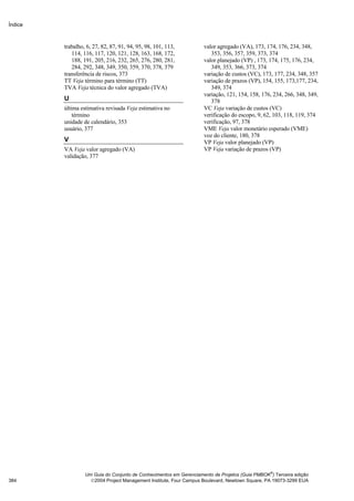 Índice



         trabalho, 6, 27, 82, 87, 91, 94, 95, 98, 101, 113,         valor agregado (VA), 173, 174, 176, 234, 348,
            114, 116, 117, 120, 121, 128, 163, 168, 172,               353, 356, 357, 359, 373, 374
            188, 191, 205, 216, 232, 265, 276, 280, 281,            valor planejado (VP) , 173, 174, 175, 176, 234,
            284, 292, 348, 349, 350, 359, 370, 378, 379                349, 353, 366, 373, 374
         transferência de riscos, 373                               variação de custos (VC), 173, 177, 234, 348, 357
         TT Veja término para término (TT)                          variação de prazos (VP), 154, 155, 173,177, 234,
         TVA Veja técnica do valor agregado (TVA)                      349, 374
                                                                    variação, 121, 154, 158, 176, 234, 266, 348, 349,
         U                                                             378
         última estimativa revisada Veja estimativa no              VC Veja variação de custos (VC)
             término                                                verificação do escopo, 9, 62, 103, 118, 119, 374
         unidade de calendário, 353                                 verificação, 97, 378
         usuário, 377                                               VME Veja valor monetário esperado (VME)
                                                                    voz do cliente, 180, 378
         V                                                          VP Veja valor planejado (VP)
         VA Veja valor agregado (VA)                                VP Veja variação de prazos (VP)
         validação, 377




                                                                                                ®
                  Um Guia do Conjunto de Conhecimentos em Gerenciamento de Projetos (Guia PMBOK ) Terceira edição
384                 2004 Project Management Institute, Four Campus Boulevard, Newtown Square, PA 19073-3299 EUA
 