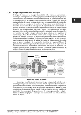3.2.1     Grupo de processos de iniciação
          O Grupo de processos de iniciação é constituído pelos processos que facilitam a
          autorização formal para iniciar um novo projeto ou uma fase do projeto. Os processos
          de iniciação são freqüentemente realizados fora do escopo de controle do projeto pela
          organização ou pelos processos de programa ou de portfólio (Figura 3-5), o que pode
          tornar os limites do projeto menos evidentes para as entradas iniciais do projeto. Por
                                                                                                    3
          exemplo, antes de começar as atividades do Grupo de processos de iniciação, os
          requisitos ou as necessidades de negócios da organização são documentados. É
          possível estabelecer a viabilidade do novo empreendimento através de um processo de
          avaliação das alternativas para selecionar a melhor. São desenvolvidas descrições
          claras dos objetivos do projeto, incluindo as razões pelas quais um projeto específico
          se constitui na melhor solução alternativa para satisfazer os requisitos. A
          documentação dessa decisão também contém uma descrição básica do escopo do
          projeto, das entregas, da duração do projeto e uma previsão dos recursos para a análise
          de investimentos da organização. A estrutura do projeto pode ser esclarecida através
          da documentação dos processos de seleção do projeto. O relacionamento do projeto
          para o plano estratégico da organização identifica as responsabilidades do
          gerenciamento dentro da organização. Em projetos com várias fases, os processos de
          iniciação são realizados durante fases subseqüentes para validar as premissas e as
          decisões tomadas durante os processos originais Desenvolver o termo de abertura do
          projeto e Desenvolver a declaração do escopo preliminar do projeto.




                                     Figura 3-5. Limites do projeto
                A descrição inicial do escopo e os recursos que a organização está disposta a
          investir passam por um refinamento adicional durante o processo de iniciação. Se o
          gerente de projetos ainda não tiver sido designado, ele será selecionado. As premissas
          e as restrições iniciais também serão documentadas. Essas informações são incluídas
          no termo de abertura do projeto e, quando ele é aprovado, o projeto é oficialmente
          autorizado. Embora a equipe de gerenciamento de projetos possa ajudar a redigir o
          termo de abertura do projeto, a aprovação e o financiamento são tratados fora dos
          limites do projeto.




                                                                              ®
Um Guia do Conjunto de Conhecimentos em Gerenciamento de Projetos (Guia PMBOK ) Terceira edição
2004 Project Management Institute, Four Campus Boulevard, Newtown Square, PA 19073-3299 EUA        43
 