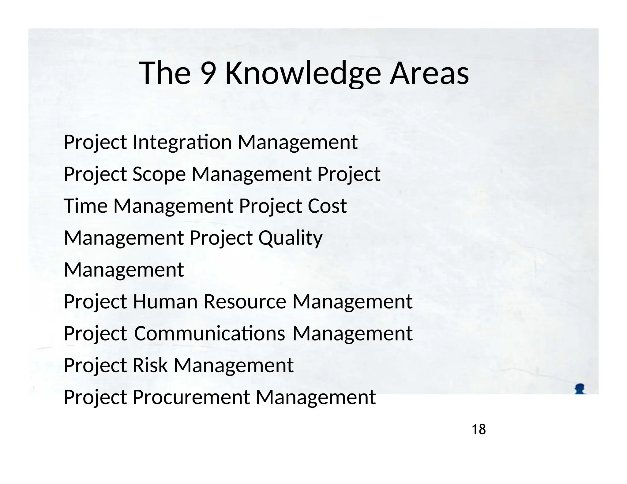 The 9 Knowledge Areas
18
Project Integration Management
Project Scope Management Project
Time Management Project Cost
Management Project Quality
Management
Project Human Resource Management
Project Communications Management
Project Risk Management
Project Procurement Management
 