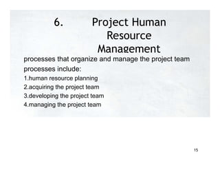 6. Project Human
Resource
Management
processes that organize and manage the project team
processes include:
1.human resource planning
2.acquiring the project team
3.developing the project team
4.managing the project team
15
 