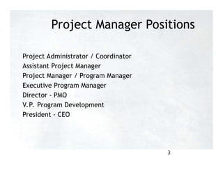 Project Manager Positions
Project Administrator / Coordinator
Assistant Project Manager
Project Manager / Program Manager
Executive Program Manager
Director - PMO
V.P. Program Development
President - CEO
3
 