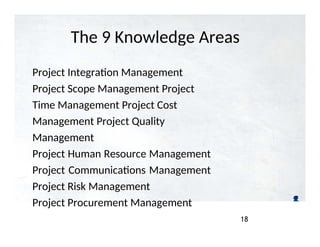 The 9 Knowledge Areas
18
Project Integration Management
Project Scope Management Project
Time Management Project Cost
Management Project Quality
Management
Project Human Resource Management
Project Communications Management
Project Risk Management
Project Procurement Management
 