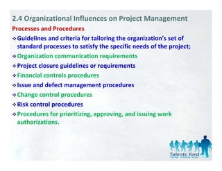 2.4 Organizational Influences on Project Management
Processes and Procedures
  Guidelines and criteria for tailoring the organization’s set of 
  standard processes to satisfy the specific needs of the project;
  Organization communication requirements 
  Project closure guidelines or requirements 
  Financial controls procedures 
  Financial controls procedures
  Issue and defect management procedures
  Change control procedures
  Change control procedures
  Risk control procedures
  Procedures for prioritizing, approving, and issuing work 
  authorizations.
 