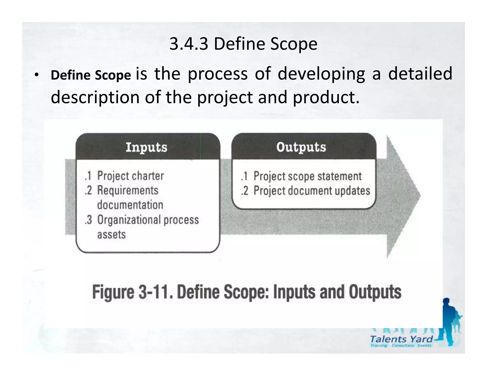 3.4.3 Define Scope
• Define Scope i
               is
               the
               th process of d l i a d t il d
                              f developing detailed
  description of the project and product.
 