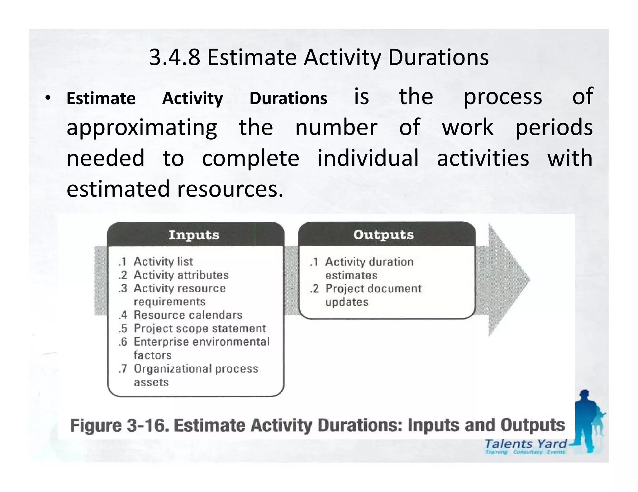 3.4.8 Estimate Activity Durations
• Estimate    Activity     is th
                           i   the process of
                         Durations           f
  approximating the number of work periods
  needed t complete i di id l activities with
      d d to       l t individual  ti iti  ith
  estimated resources.
 