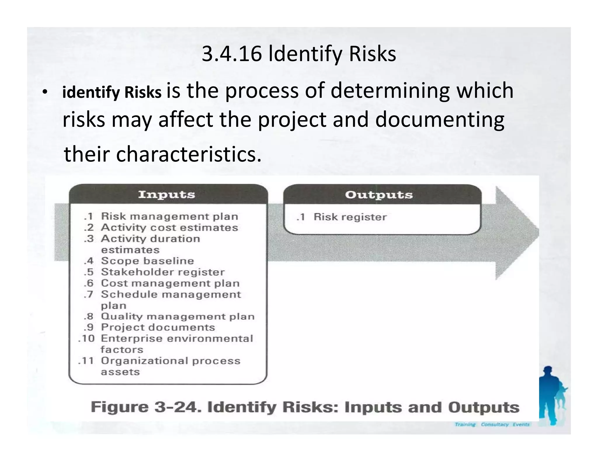 3.4.16 ldentify Risks
• identify Risks i th
                 is the process of determining which 
                                 fd t    i i    hi h
  risks may affect the project and documenting
  their characteristics.
 