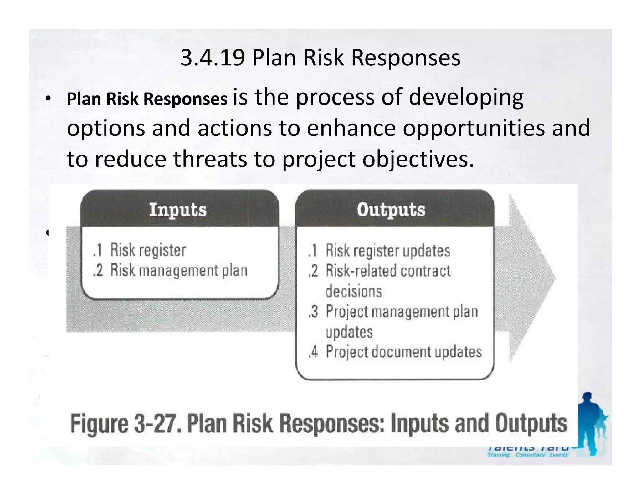 3.4.19 Plan Risk Responses
• Plan Risk Responses i th
                      is the process of developing 
                                      fd l i
    options and actions to enhance opportunities and 
    to reduce threats to project objectives.
    t    d    th t t        j t bj ti

•
 