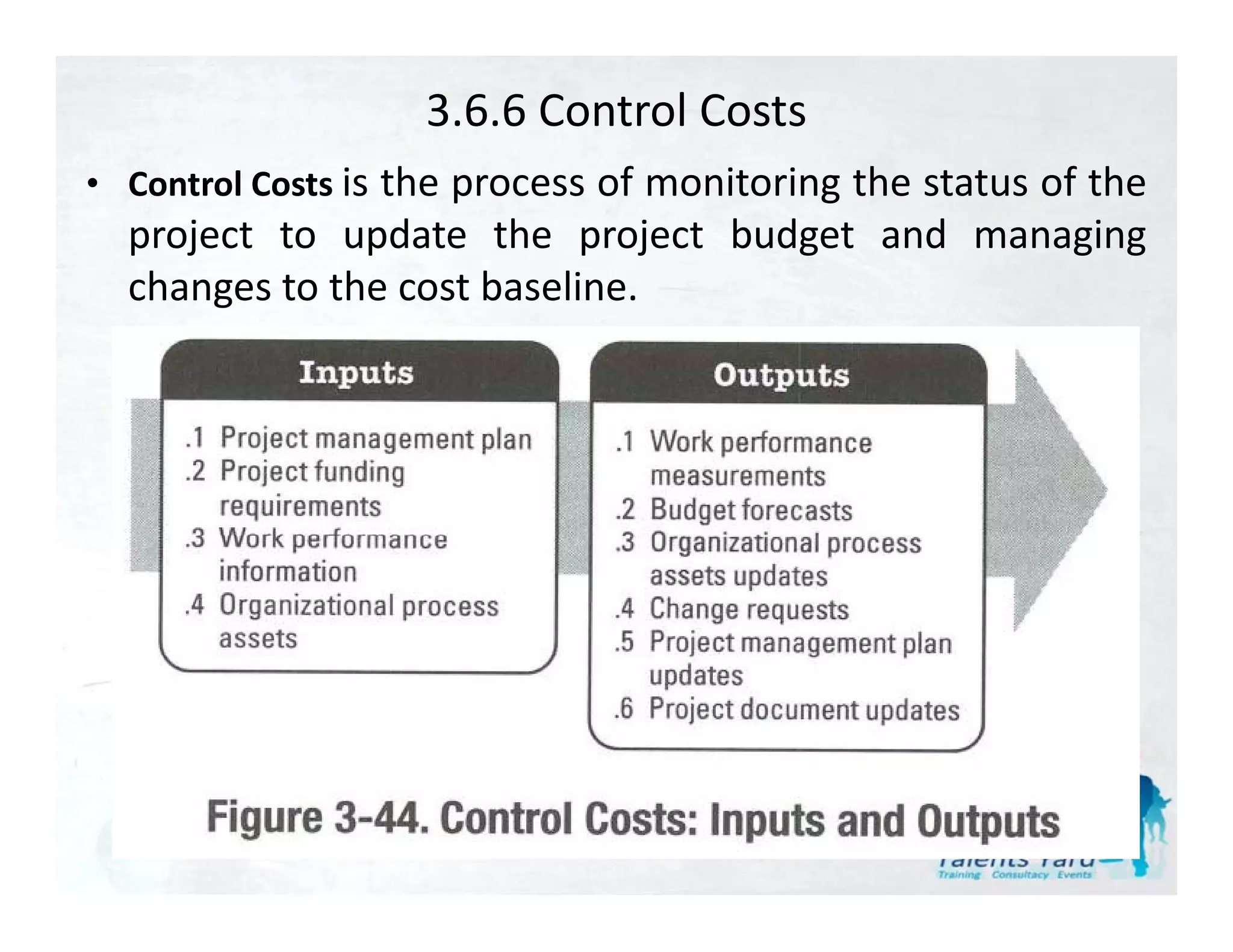 3.6.6 Control Costs
• C t l C t is the process of monitoring the status of the
  Control Costs
  project to update the project budget and managing
  changes to the cost baseline.
 