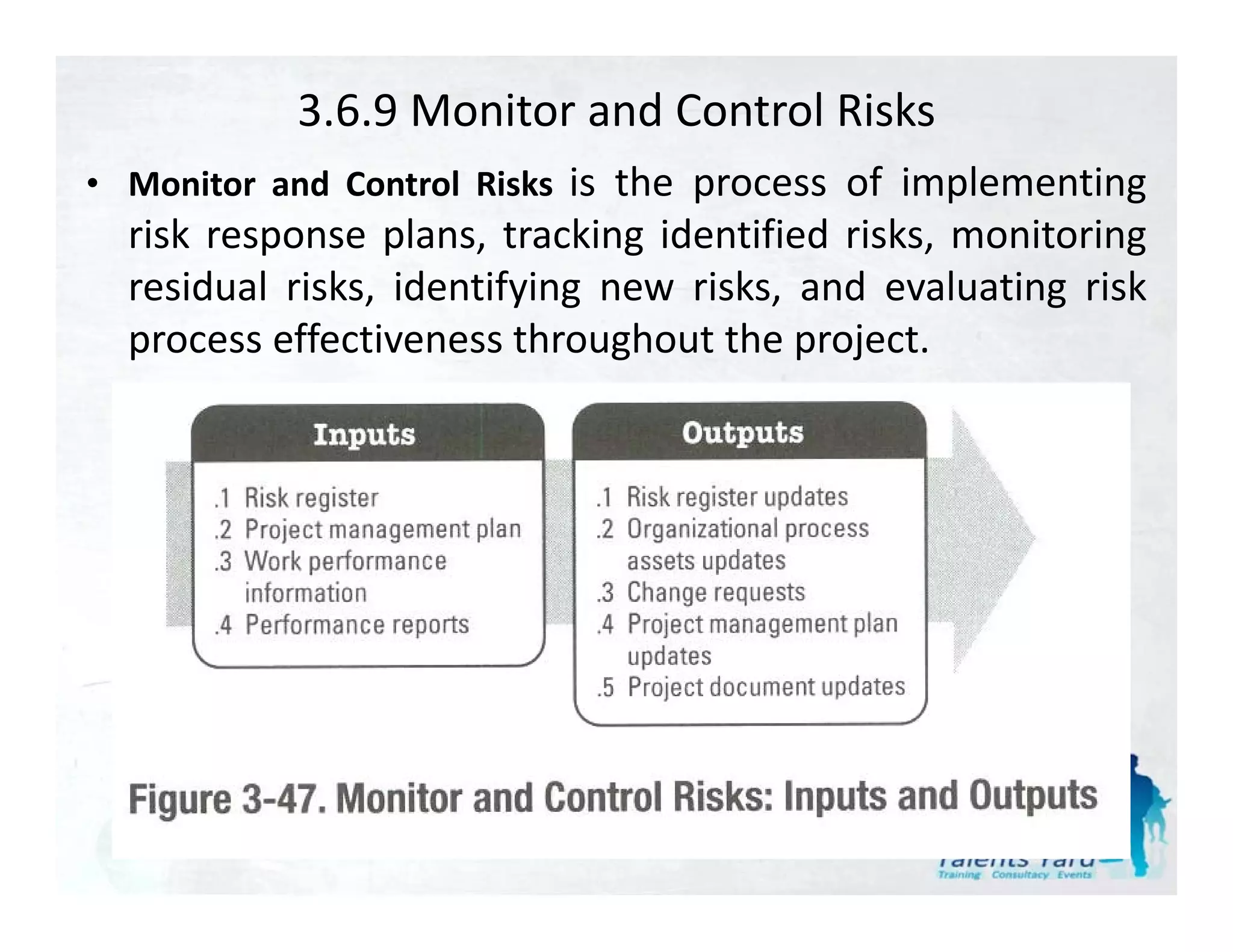 3.6.9 Monitor and Control Risks
• M it and C t l Ri k is the process of implementing
  Monitor d Control Risks
  risk response plans, tracking identified risks, monitoring
  residual risks, identifying new risks, and evaluating risk
  process effectiveness throughout the project.
 