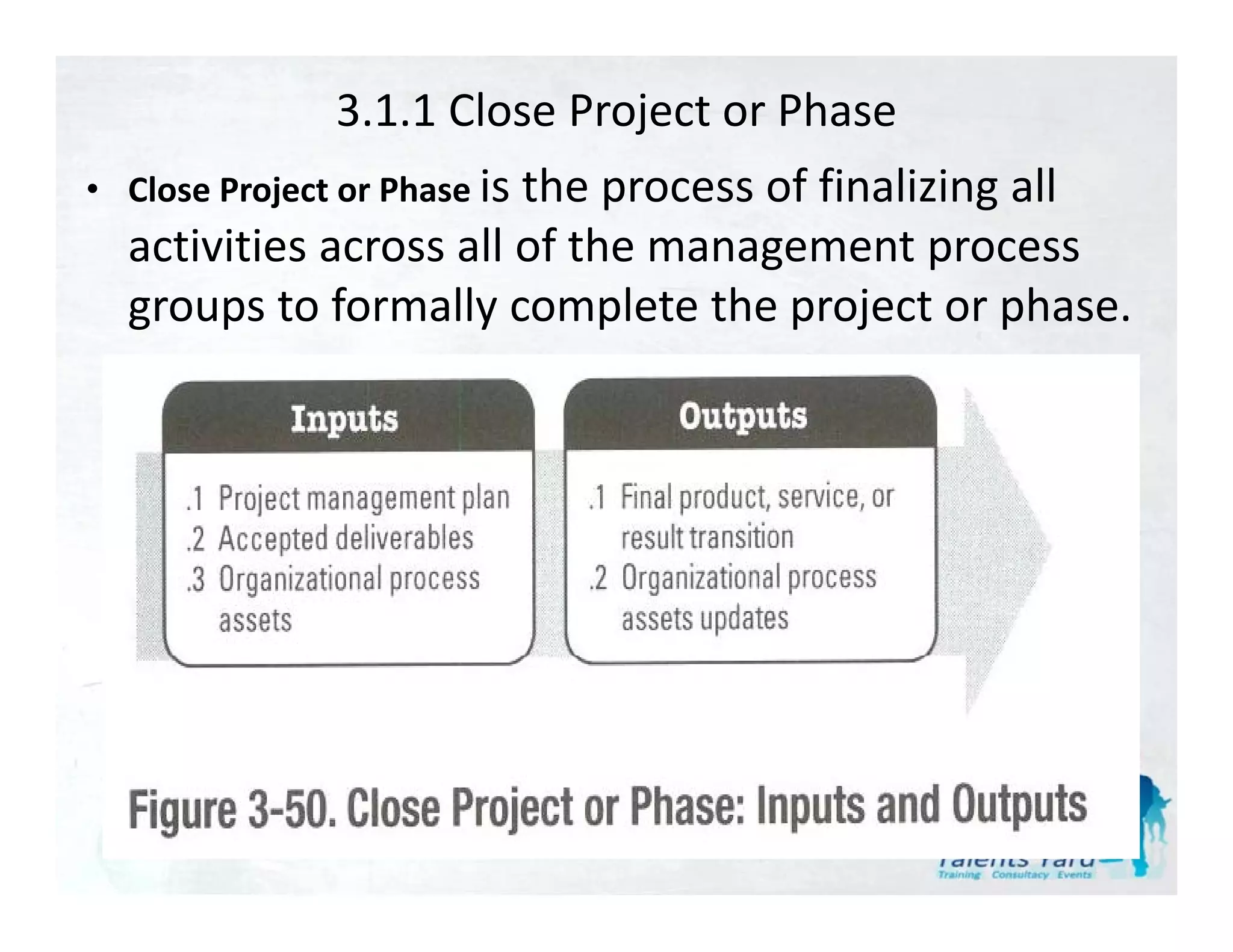 3.1.1 Close Project or Phase
• Close Project or Phase i th
                         is the process of finalizing all 
                                         f fi li i     ll
  activities across all of the management process 
  groups to formally complete the project or phase.
           t f      ll       l t th   j t     h
 
