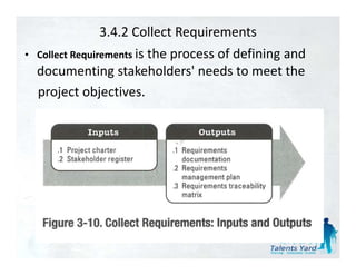3.4.2 Collect Requirements
• Collect Requirements i th
                       is the process of defining and 
                                       f d fi i     d
  documenting stakeholders' needs to meet the
  project objectives.
 