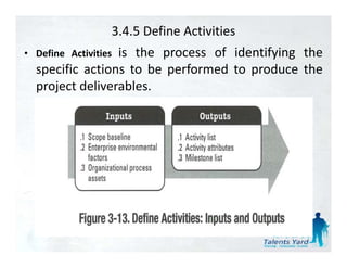 3.4.5 Define Activities
                 is the
                 i th process of id tif i
• Define Activities              f identifying th
                                               the
  specific actions to be performed to produce the
  project d li
     j t deliverables.
                   bl
 