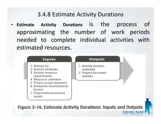 3.4.8 Estimate Activity Durations
• Estimate    Activity     is th
                           i   the process of
                         Durations           f
  approximating the number of work periods
  needed t complete i di id l activities with
      d d to       l t individual  ti iti  ith
  estimated resources.
 