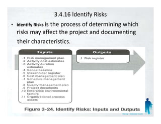 3.4.16 ldentify Risks
• identify Risks i th
                 is the process of determining which 
                                 fd t    i i    hi h
  risks may affect the project and documenting
  their characteristics.
 