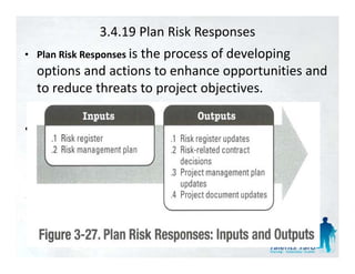 3.4.19 Plan Risk Responses
• Plan Risk Responses i th
                      is the process of developing 
                                      fd l i
    options and actions to enhance opportunities and 
    to reduce threats to project objectives.
    t    d    th t t        j t bj ti

•
 