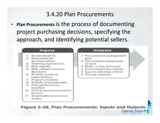 3.4.20 Plan Procurements
• Plan Procurements i th
                    is the process of documenting 
                                    fd       ti
  project purchasing decisions, specifying the 
  approach, and identifying potential sellers.
          h d id tif i         t ti l ll
 