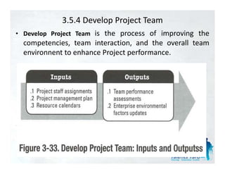 3.5.4 Develop Project Team
• D l     Project Team is the process of improving the
  Develop P j t T
  competencies, team interaction, and the overall team
  environnent to enhance Project performance.
 