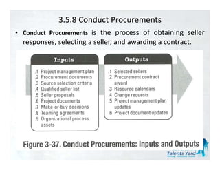 3.5.8 Conduct Procurements
  Conduct Procurements is the process of obtaining seller
• C d t P           t
  responses, selecting a seller, and awarding a contract.
 