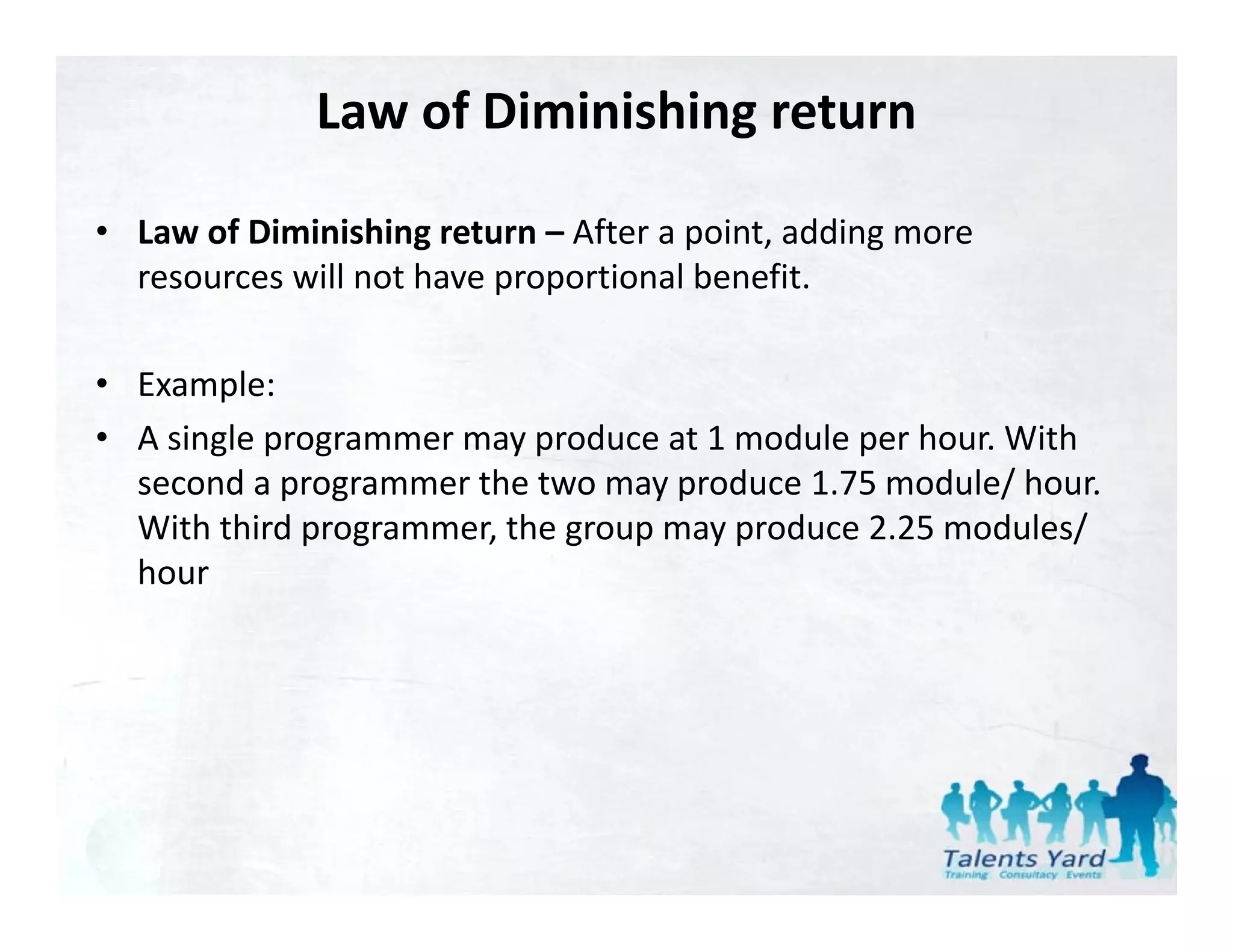 Law of Diminishing return

• Law of Diminishing return – After a point, adding more 
  resources will not have proportional benefit.

• Example: 
• A single programmer may produce at 1 module per hour. With 
  second a programmer the two may produce 1.75 module/ hour. 
  With third programmer, the group may produce 2.25 modules/ 
  With third programmer, the group may produce 2.25 modules/
  hour  
 