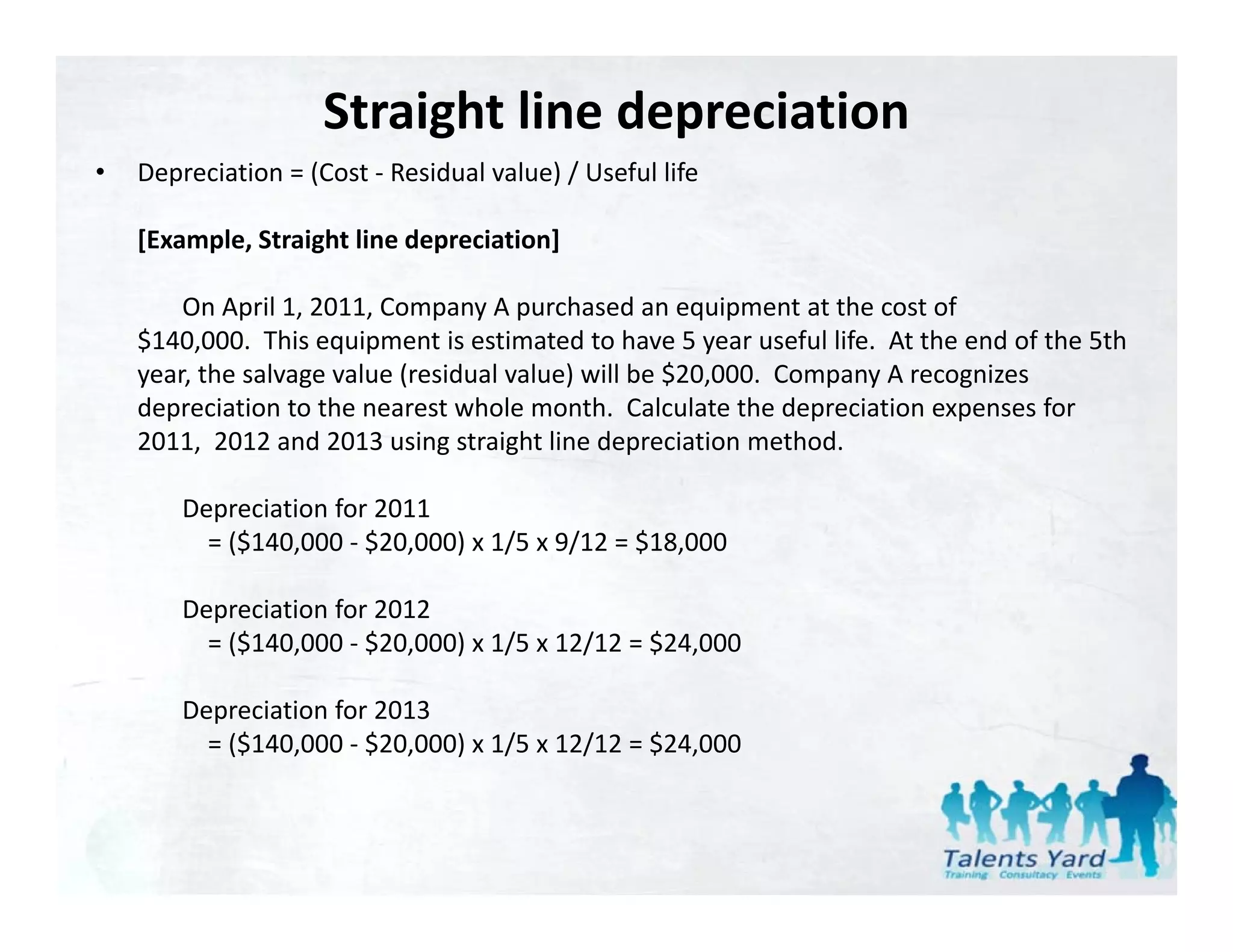Straight line depreciation
•   Depreciation = (Cost  Residual value) / Useful life
    Depreciation = (Cost ‐ Residual value) / Useful life

    [Example, Straight line depreciation]

        On April 1, 2011, Company A purchased an equipment at the cost of 
    $140,000. This equipment is estimated to have 5 year useful life. At the end of the 5th 
    year, the salvage value (residual value) will be $20,000. Company A recognizes 
    depreciation to the nearest whole month. Calculate the depreciation expenses for 
    depreciation to the nearest whole month. Calculate the depreciation expenses for
    2011, 2012 and 2013 using straight line depreciation method.

        Depreciation for 2011
          = ($140,000 ‐ $20 000) 1/5 9/12 $18 000
            ($140 000 $20,000) x 1/5 x 9/12 = $18,000

        Depreciation for 2012
          = ($140,000 ‐ $20,000) x 1/5 x 12/12 = $24,000
            (                  )

        Depreciation for 2013
          = ($140,000 ‐ $20,000) x 1/5 x 12/12 = $24,000
 
