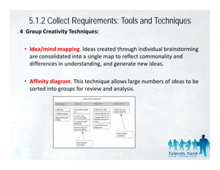 5.1.2 Collect Requirements: Tools and Techniques
. 4  Group Creativity Techniques: 
  4 Group Creativity Techniques:

   • ldea/mind mapping. Ideas created through individual brainstorming 
     are consolidated into a single map to reflect commonality and 
     differences in understanding, and generate new ideas.

   • Affinity diagram. This technique allows large numbers of ideas to be 
     sorted into groups for review and analysis.
 