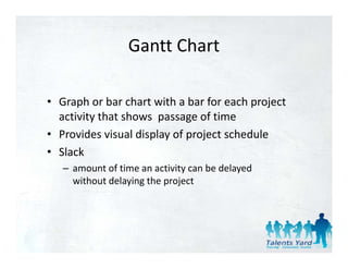 Gantt Chart
                  Gantt Chart

• Graph or bar chart with a bar for each project 
  activity that shows  passage of time
  activity that shows passage of time
• Provides visual display of project schedule
• Slack
   – amount of time an activity can be delayed 
     without delaying the project
                 y g      p j
 