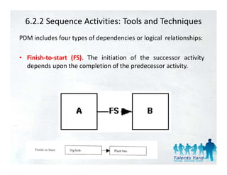 6.2.2 Sequence Activities: Tools and Techniques
PDM includes four types of dependencies or logical relationships:

• Finish‐to‐start (FS). The initiation of the successor activity
  depends upon the completion of the predecessor activity.
 