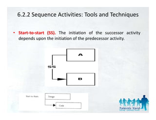 6.2.2 Sequence Activities: Tools and Techniques

• Start‐to‐start (SS). The initiation of the successor activity
  depends upon th i iti ti of th predecessor activity.
  d      d       the initiation f the  d         ti it
 