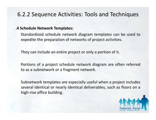6.2.2 Sequence Activities: Tools and Techniques

.4 Schedule Network Templates:
   Standardized schedule network diagram templates can be used to
   expedite the preparation of networks of project activities.

  They can include an entire project or only a portion of it
                                                          it.

  Portions of a project schedule network diagram are often referred
  to as a subnetwork or a fragment network.

  Subnetwork templates are especially useful when a project includes
  several identical or nearly identical deliverables, such as floors on a
  high‐rise office building.
 