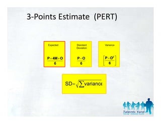3‐Points Estimate  (PERT)

     Expected           Standard      Variance
                        Deviation



     P + 4Μ + Ο         P−Ο          ⎡P − Ο2 ⎤
                                     ⎢       ⎥
          6              6           ⎣ 6 ⎦




                  SD=
                  S      ∑variance
                           a a ce
 