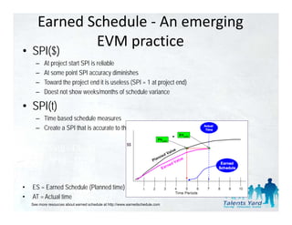 Earned Schedule ‐ An emerging 
               EVM practice
               EVM practice
• SPI($)
      –    At project start SPI is reliable
      –    At some point SPI accuracy diminishes
      –    Toward the project end it is useless (SPI = 1 at project end)
      –    Doest not show weeks/months of schedule variance

• SPI(t)
      – Time based schedule measures
      – Create a SPI that is accurate to the of the project


              SV(t) = ES – AT
              SPI(t) = ES / AT


•   ES = Earned Schedule (Planned time)
•   AT = Actual time
    See more resources about earned schedule at http://www.earnedschedule.com
 