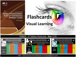 PMP – Flash Cards by Anand Bobade (nmbobade@gmail.com)
Flashcards
Visual Learning
PMBOK – 5th Edition; PMP Flashcards - Part 1 / 5
 