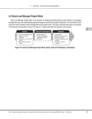 4.2
Develop Project
Management
Plan
Project Integration Management
6.1
Plan Schedule
Management
5.6
Control Scope
5.1
Plan Scope
Management
7.4
Control Costs
8.1
Plan Quality
Management
7.1
Plan Cost
Management
6.7
Control Schedule
10.3
Control
Communications
10.1
Plan
Communications
Management
9.1
Plan Human
Resource
Management
13.4
Control
Stakeholder
Engagement
13.2
Plan
Stakeholder
Management
12.4
Close
Procurements
12.3
Control
Procurements
12.1
Plan
Procurement
Management
11.6
Control Risks
11.1
Plan Risk
Management
4.3
Direct and
Manage
Project Work
4.4
Monitor and
Control Project
Work
4.5
Perform
Integrated
Change Control
4.6
Close Project
or Phase
Outputs from
Other Processes
Enterprise/
Organization
4.1
Develop Project
Charter
Figure 4-5. Develop Project Management Plan Data Flow Diagram
 