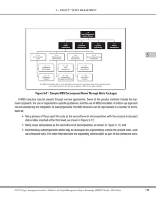 109
©2013 Project Management Institute. A Guide to the Project Management Body of Knowledge (PMBOK®
Guide) – Fifth Edition
5 - PROJECT SCOPE MANAGEMENT
5
5.1.1.4 Organizational Process Assets
Described in Section 2.1.4. The organizational process assets that can influence the Plan Scope Management
process include, but are not limited to:
s Policies and procedures, and
s Historical information and lessons learned knowledge base.
5.1.2 Plan Scope Management: Tools and Techniques
5.1.2.1 Expert Judgment
Expert judgment refers to input received from knowledgeable and experienced parties. Expertise may be
provided by any group or person with specialized education, knowledge, skill, experience, or training in developing
scope management plans.
5.1.2.2 Meetings
Project teams may attend project meetings to develop the scope management plan. Attendees at these
meetings may include the project manager, the project sponsor, selected project team members, selected
stakeholders, anyone with responsibility for any of the scope management processes, and others as needed.
5.1.3 Plan Scope Management: Outputs
5.1.3.1 Scope Management Plan
The scope management plan is a component of the project or program management plan that describes how the
scope will be defined, developed, monitored, controlled, and verified. The scope management plan is a major input
into the Develop Project Management Plan process, and the other scope management processes. The components
of a scope management plan include:
 