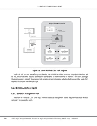 128 ©2013 Project Management Institute. A Guide to the Project Management Body of Knowledge (PMBOK®
Guide) – Fifth Edition
5 - PROJECT SCOPE MANAGEMENT
5.4.2 Create WBS: Tools and Techniques
5.4.2.1 Decomposition
Decomposition is a technique used for dividing and subdividing the project scope and project deliverables into
smaller, more manageable parts. The work package is the work defined at the lowest level of the WBS for which
cost and duration can be estimated and managed. The level of decomposition is often guided by the degree of
control needed to effectively manage the project. The level of detail for work packages will vary with the size
and complexity of the project. Decomposition of the total project work into work packages generally involves the
following activities:
s Identifying and analyzing the deliverables and related work;
s Structuring and organizing the WBS;
s Decomposing the upper WBS levels into lower-level detailed components;
s Developing and assigning identification codes to the WBS components; and
s Verifying that the degree of decomposition of the deliverables is appropriate.
A portion of a WBS with some branches of the WBS decomposed down through the work package level is shown
in Figure 5-11.
5.4.2.2 Expert Judgment
Expert judgment is often used to analyze the information needed to decompose the project deliverables down
into smaller component parts in order to create an effective WBS. Such judgment and expertise is applied to
technical details of the project’s scope and used to reconcile differences in opinion on how to best break down
the overall scope of the project. This level of expertise is provided by any group or individual with relevant training,
knowledge, or experience with similar projects or business areas. Expert judgment can also come in the form
of predefined templates that provide guidance on how to effectively break down common deliverables. Such
templates may be industry or discipline specific or may come from experience gained in similar projects. The
project manager, in collaboration with the project team, then determines the final decomposition of the project
scope into the discrete work packages that will be used to effectively manage the work of the project.
 