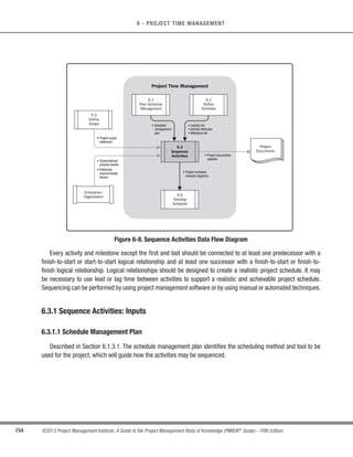 132 ©2013 Project Management Institute. A Guide to the Project Management Body of Knowledge (PMBOK®
Guide) – Fifth Edition
5 - PROJECT SCOPE MANAGEMENT
t WBS. The WBS is a hierarchical decomposition of the total scope of work to be carried out by the project
team to accomplish the project objectives and create the required deliverables. Each descending level
of the WBS represents an increasingly detailed definition of the project work. The WBS is finalized by
assigning each work package to a control account and establishing a unique identifier for that work
package from a code of accounts. These identifiers provide a structure for hierarchical summation
of costs, schedule, and resource information. A control account is a management control point
where scope, budget, actual cost, and schedule are integrated and compared to the earned value for
performance measurement. Control accounts are placed at selected management points in the WBS.
Each control account may include one or more work packages, but each of the work packages should
be associated with only one control account. A control account may include one or more planning
packages. A planning package is a work breakdown structure component below the control account
with known work content but without detailed schedule activities.
t WBS dictionary. The WBS dictionary is a document that provides detailed deliverable, activity, and
scheduling information about each component in the WBS. The WBS dictionary is a document that
supports the WBS. Information in the WBS dictionary may include, but is not limited to:
○ Code of account identifier,
○ Description of work,
○ Assumptions and constraints,
○ Responsible organization,
○ Schedule milestones,
○ Associated schedule activities,
○ Resources required,
○ Cost estimates,
○ Quality requirements,
○ Acceptance criteria,
○ Technical references, and
○ Agreement information.
5.4.3.2 Project Documents Updates
Project documents that may be updated include, but are not limited to, requirements documentation, which may
need to be updated to include approved changes. If approved change requests result from the Create WBS process,
then the requirements documentation may need to be updated to include approved changes.
 