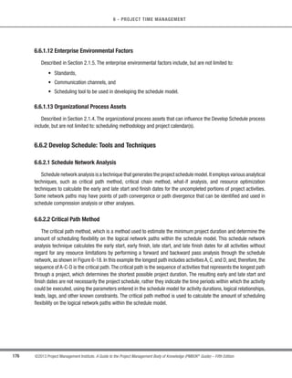 143
©2013 Project Management Institute. A Guide to the Project Management Body of Knowledge (PMBOK®
Guide) – Fifth Edition
6 - PROJECT TIME MANAGEMENT
6
.1 Inputs
.1 Project management plan
.2 Project charter
.3 Enterprise environmental
factors
.4 Organizational process
assets
.2 Tools  Techniques
.1 Expert judgment
.2 Analytical techniques
.3 Meetings
.3 Outputs
.1 Schedule management
plan
Project Time
Management Overview
6.1 Plan Schedule
Management
.1 Inputs
.1 Schedule management
plan
.2 Scope baseline
.3 Enterprise environmental
factors
.4 Organizational process
assets
.2 Tools  Techniques
.1 Decomposition
.2 Rolling wave planning
.3 Expert judgment
.3 Outputs
.1 Activity list
.2 Activity attributes
.3 Milestone list
6.2 Define Activities
.1 Inputs
.1 Schedule management
plan
.2 Activity list
.3 Activity attributes
.4 Milestone list
.5 Project scope statement
.6 Enterprise environmental
factors
.7 Organizational process
assets
.2 Tools  Techniques
.1 Precedence diagramming
method (PDM)
.2 Dependency determination
.3 Leads and lags
.3 Outputs
.1 Project schedule network
diagrams
.2 Project documents updates
6.3 Sequence
Activities
.1 Inputs
.1 Schedule management
plan
.2 Activity list
.3 Activity attributes
.4 Activity resource
requirements
.5 Resource calendars
.6 Project scope statement
.7 Risk register
.8 Resource breakdown
structure
.9 Enterprise environmental
factors
.10 Organizational process
assets
.2 Tools  Techniques
.1 Expert judgment
.2 Analogous estimating
.3 Parametric estimating
.4 Three-point estimating
.5 Group decision-making
techniques
.6 Reserve analysis
.3 Outputs
.1 Activity duration estimates
.2 Project documents updates
6.5 Estimate Activity
Durations
.1 Inputs
.1 Schedule management
plan
.2 Activity list
.3 Activity attributes
.4 Project schedule network
diagrams
.5 Activity resource
requirements
.6 Resource calendars
.7 Activity duration estimates
.8 Project scope statement
.9 Risk register
.10 Project staff assignments
.11 Resource breakdown
structure
.12 Enterprise environmental
factors
.13 Organizational process
assets
.2 Tools  Techniques
.1 Schedule network analysis
.2 Critical path method
.3 Critical chain method
.4 Resource optimization
techniques
.5 Modeling techniques
.6 Leads and lags
.7 Schedule compression
.8 Scheduling tool
.3 Outputs
.1 Schedule baseline
.2 Project schedule
.3 Schedule data
.4 Project calendars
.5 Project management plan
updates
.6 Project documents updates
6.6 Develop Schedule
.1 Inputs
.1 Project management plan
.2 Project schedule
.3 Work performance data
.4 Project calendars
.5 Schedule data
.6 Organizational process
assets
.2 Tools  Techniques
.1 Performance reviews
.2 Project management
software
.3 Resource optimization
techniques
.4 Modeling techniques
.5 Leads and lags
.6 Schedule compression
.7 Scheduling tool
.3 Outputs
.1 Work performance
information
.2 Schedule forecasts
.3 Change requests
.4 Project management plan
updates
.5 Project documents updates
.6 Organizational process
assets updates
6.7 Control Schedule
.1 Inputs
.1 Schedule management
plan
.2 Activity list
.3 Activity attributes
.4 Resource calendars
.5 Risk register
.6 Activity cost estimates
.7 Enterprise environmental
factors
.8 Organizational process
assets
.2 Tools  Techniques
.1 Expert judgment
.2 Alternative analysis
.3 Published estimating data
.4 Bottom-up estimating
.5 Project management
software
.3 Outputs
.1 Activity resource
requirements
.2 Resource breakdown
structure
.3 Project documents
updates
6.4 Estimate Activity
Resources
Figure 6-1. Project Time Management Overview
 