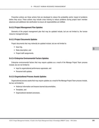 192 ©2013 Project Management Institute. A Guide to the Project Management Body of Knowledge (PMBOK®
Guide) – Fifth Edition
6 - PROJECT TIME MANAGEMENT
6.7.3.6 Organizational Process Assets Updates
Organizational process assets that may be updated include, but are not limited to:
s Causes of variances,
s Corrective action chosen and the reasons, and
s Other types of lessons learned from project schedule control.
 