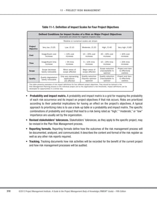 217
©2013 Project Management Institute. A Guide to the Project Management Body of Knowledge (PMBOK®
Guide) – Fifth Edition
7 - PROJECT COST MANAGEMENT
7
7.4.1.2 Project Funding Requirements
Described in Section 7.3.3.2. The project funding requirements include projected expenditures plus anticipated
liabilities.
7.4.1.3 Work Performance Data
Described in Section 4.3.3.2. Work performance data includes information about project progress, such as
which activities have started, their progress, and which deliverables have finished. Information also includes costs
that have been authorized and incurred.
7.4.1.4 Organizational Process Assets
Described in Section 2.1.4. The organizational process assets that can influence the Control Costs process
include, but are not limited to:
s Existing formal and informal cost control-related policies, procedures, and guidelines;
s Cost control tools; and
s Monitoring and reporting methods to be used.
7.4.2 Control Costs: Tools and Techniques
7.4.2.1 Earned Value Management
Earned value management (EVM) is a methodology that combines scope, schedule, and resource
measurements to assess project performance and progress. It is a commonly used method of performance
measurement for projects. It integrates the scope baseline with the cost baseline, along with the schedule
baseline, to form the performance baseline, which helps the project management team assess and measure
project performance and progress. It is a project management technique that requires the formation of an
integrated baseline against which performance can be measured for the duration of the project. The principles
of EVM can be applied to all projects in any industry. EVM develops and monitors three key dimensions for each
work package and control account:
 