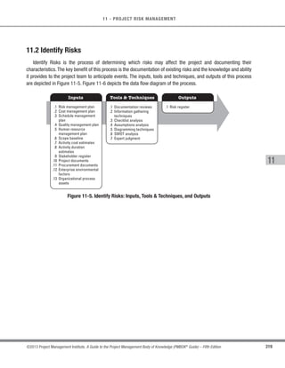 218 ©2013 Project Management Institute. A Guide to the Project Management Body of Knowledge (PMBOK®
Guide) – Fifth Edition
7 - PROJECT COST MANAGEMENT
t Planned value. Planned value (PV) is the authorized budget assigned to scheduled work. It is the
authorized budget planned for the work to be accomplished for an activity or work breakdown structure
component, not including management reserve. This budget is allocated by phase over the life of
the project, but at a given moment, planned value defines the physical work that should have been
accomplished. The total of the PV is sometimes referred to as the performance measurement baseline
(PMB). The total planned value for the project is also known as budget at completion (BAC).
s Earned value. Earned value (EV) is a measure of work performed expressed in terms of the budget
authorized for that work. It is the budget associated with the authorized work that has been completed.
The EV being measured needs to be related to the PMB, and the EV measured cannot be greater than the
authorized PV budget for a component.The EV is often used to calculate the percent complete of a project.
Progress measurement criteria should be established for each WBS component to measure work in
progress. Project managers monitor EV, both incrementally to determine current status and cumulatively
to determine the long-term performance trends.
s Actual cost. Actual cost (AC) is the realized cost incurred for the work performed on an activity during
a specific time period. It is the total cost incurred in accomplishing the work that the EV measured. The
AC needs to correspond in definition to what was budgeted in the PV and measured in the EV (e.g.,
direct hours only, direct costs only, or all costs including indirect costs). The AC will have no upper limit;
whatever is spent to achieve the EV will be measured.
Variances from the approved baseline will also be monitored:
t Schedule variance. Schedule variance (SV) is a measure of schedule performance expressed as the
difference between the earned value and the planned value. It is the amount by which the project is ahead
or behind the planned delivery date, at a given point in time. It is a measure of schedule performance on
a project. It is equal to the earned value (EV) minus the planned value (PV). The EVM schedule variance is
a useful metric in that it can indicate when a project is falling behind or is ahead of its baseline schedule.
The EVM schedule variance will ultimately equal zero when the project is completed because all of the
planned values will have been earned. Schedule variance is best used in conjunction with critical path
methodology (CPM) scheduling and risk management. Equation: SV = EV – PV
t Cost variance. Cost variance (CV) is the amount of budget deficit or surplus at a given point in time,
expressed as the difference between earned value and the actual cost.It is a measure of cost performance
on a project. It is equal to the earned value (EV) minus the actual cost (AC). The cost variance at the end
of the project will be the difference between the budget at completion (BAC) and the actual amount spent.
The CV is particularly critical because it indicates the relationship of physical performance to the costs
spent. Negative CV is often difficult for the project to recover. Equation: CV= EV − AC.
 