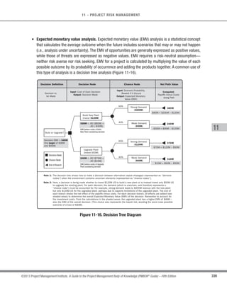 236 ©2013 Project Management Institute. A Guide to the Project Management Body of Knowledge (PMBOK®
Guide) – Fifth Edition
8 - PROJECT QUALITY MANAGEMENT
8.1.2.3 Seven Basic Quality Tools
The seven basic quality tools, also known in the industry as 7QC Tools, are used within the context of the PDCA
Cycle to solve quality-related problems. As conceptually illustrated in Figure 8-7, the seven basic quality tools are:
s Cause-and-effect diagrams, which are also known as fishbone diagrams or as Ishikawa diagrams. The
problem statement placed at the head of the fishbone is used as a starting point to trace the problem’s
source back to its actionable root cause.The problem statement typically describes the problem as a gap
to be closed or as an objective to be achieved.The causes are found by looking at the problem statement
and asking “why” until the actionable root cause has been identified or until the reasonable possibilities
on each fishbone have been exhausted. Fishbone diagrams often prove useful in linking the undesirable
effects seen as special variation to the assignable cause upon which project teams should implement
corrective actions to eliminate the special variation detected in a control chart.
s Flowcharts, which are also referred to as process maps because they display the sequence of steps and
the branching possibilities that exist for a process that transforms one or more inputs into one or more
outputs. Flowcharts show the activities, decision points, branching loops, parallel paths, and the overall
order of processing by mapping the operational details of procedures that exist within a horizontal value
chain of a SIPOC model (Figure 8-6). Flowcharts may prove useful in understanding and estimating
the cost of quality in a process. This is obtained by using the workflow branching logic and associated
relative frequencies to estimate expected monetary value for the conformance and nonconformance
work required to deliver the expected conforming output.
 