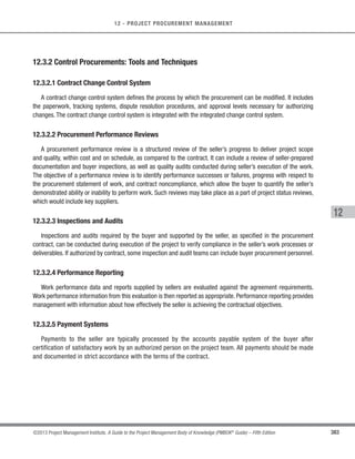 265
©2013 Project Management Institute. A Guide to the Project Management Body of Knowledge (PMBOK®
Guide) – Fifth Edition
9 - PROJECT HUMAN RESOURCE MANAGEMENT
9
t Project organization charts. A project organization chart is a graphic display of project team members
and their reporting relationships. It can be formal or informal, highly detailed or broadly framed, based on
the needs of the project. For example, the project organization chart for a 3,000-person disaster response
team will have greater detail than a project organization chart for an internal, twenty-person project.
s Staffing management plan. The staffing management plan is a component of the human resource
management plan that describes when and how project team members will be acquired and how long
they will be needed.It describes how human resource requirements will be met.The staffing management
plan can be formal or informal, highly detailed, or broadly framed, depending upon the needs of the
project.The plan is updated continually during the project to direct ongoing team member acquisition and
development actions. Information in the staffing management plan varies by application area and project
size, but items to consider include:
○ Staff acquisition. A number of questions arise when planning the acquisition of project team
members. For example, whether the human resources come from within the organization or
from external, contracted sources; whether the team members need to work in a central location
or may work from distant locations; costs associated with each level of expertise needed for
the project; and level of assistance that the organization’s human resource department and
functional managers are able to provide to the project management team.
○ Resource calendars. Calendars that identify the working days and shifts on which each specific
resource is available. The staffing management plan describes necessary time frames for
project team members, either individually or collectively, as well as when acquisition activities
such as recruiting should start. One tool for charting human resources is a resource histogram,
used by the project management team as a means of providing a visual representation or
resources allocation to all interested parties.This chart illustrates the number of hours a person,
department, or entire project team that will be needed each week or month over the course
of the project. The chart can include a horizontal line that represents the maximum number of
hours available from a particular resource. Bars that extend beyond the maximum available
hours identify the need for a resource optimization strategy (Section 6.6.2.4), such as adding
more resources or modifying the schedule. An example of a resource histogram is illustrated in
Figure 9-6.
 