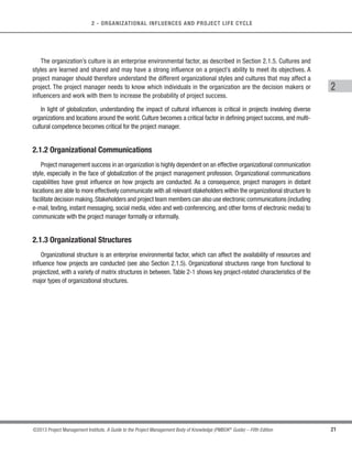 20 ©2013 Project Management Institute. A Guide to the Project Management Body of Knowledge (PMBOK®
Guide) – Fifth Edition
2 - ORGANIZATIONAL INFLUENCES AND PROJECT LIFE CYCLE
2.1 Organizational Influences on Project Management
An organization’s culture, style, and structure influence how its projects are performed. The organization’s level
of project management maturity and its project management systems can also influence the project. When a project
involves external entities such as those that are part of a joint venture or partnering agreement, the project will be
influenced by more than one organization.The following sections describe organizational characteristics, factors, and
assets within an enterprise that are likely to influence the project.
2.1.1 Organizational Cultures and Styles
Organizations are systematic arrangements of entities (persons and/or departments) aimed at accomplishing
a purpose, which may involve undertaking projects.An organization’s culture and style affect how it conducts projects.
Cultures and styles are group phenomena known as cultural norms, which develop over time. The norms include
established approaches to initiating and planning projects, the means considered acceptable for getting the work
done, and recognized authorities who make or influence decisions.
Organizationalcultureisshapedbythecommonexperiencesofmembersoftheorganizationandmostorganizations
have developed unique cultures over time by practice and common usage. Common experiences include, but are not
limited to:
s Shared visions, mission, values, beliefs, and expectations;
s Regulations, policies, methods, and procedures;
s Motivation and reward systems;
s Risk tolerance;
s View of leadership, hierarchy, and authority relationships;
s Code of conduct, work ethic, and work hours; and
s Operating environments.
 