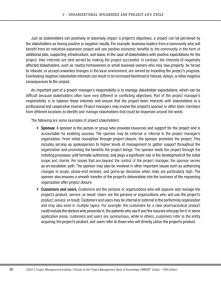 31
©2013 Project Management Institute. A Guide to the Project Management Body of Knowledge (PMBOK®
Guide) – Fifth Edition
2
2 - ORGANIZATIONAL INFLUENCES AND PROJECT LIFE CYCLE
Project Life Cycle and Organization
Project Stakeholders
Project Team
The Project
Operations
Management Functional
Managers
Sellers/
Business
Partners
Customers/
Users
Other
Project
Team
Members
Project
Manager
Project
Manage-
ment
Team
Project
Manage-
ment
Office
Program
Manager
Portfolio
Manager
Other
Stakeholders Sponsor
Figure 2-7. The Relationship Between Stakeholders and the Project
Stakeholders have varying levels of responsibility and authority when participating on a project. This level can
change over the course of the project’s life cycle. Their involvement may range from occasional contributions in
surveys and focus groups to full project sponsorship which includes providing financial, political, or other support.
Some stakeholders may also detract from the success of the project,either passively or actively.These stakeholders
require the project manager’s attention throughout the project’s life cycle, as well as planning to address any issues
they may raise.
Stakeholderidentificationisacontinuousprocessthroughouttheentireprojectlifecycle.Identifyingstakeholders,
understanding their relative degree of influence on a project, and balancing their demands, needs, and expectations
are critical to the success of the project. Failure to do so can lead to delays, cost increases, unexpected issues,
and other negative consequences including project cancellation. An example is late recognition that the legal
department is a significant stakeholder, which results in delays and increased expenses due to legal requirements
that are required to be met before the project can be completed or the product scope is delivered.
 