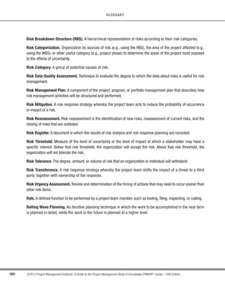 396 ©2013 Project Management Institute. A Guide to the Project Management Body of Knowledge (PMBOK®
Guide) – Fifth Edition
13 - PROJECT STAKEHOLDER MANAGEMENT
Stakeholder analysis generally follows the steps described below:
s Identify all potential project stakeholders and relevant information, such as their roles, departments,
interests, knowledge, expectations, and influence levels. Key stakeholders are usually easy to identify.
They include anyone in a decision-making or management role who is impacted by the project outcome,
such as the sponsor, the project manager, and the primary customer. Identifying other stakeholders is
usually done by interviewing identified stakeholders and expanding the list until all potential stakeholders
are included.
s Analyze the potential impact or support each stakeholder could generate,and classify them so as to define
an approach strategy. In large stakeholder communities, it is important to prioritize the stakeholders to
ensure the efficient use of effort to communicate and manage their expectations.
s Assess how key stakeholders are likely to react or respond in various situations, in order to plan how to
influence them to enhance their support and mitigate potential negative impacts.
There are multiple classification models used for stakeholders analysis, such as:
s Power/interest grid, grouping the stakeholders based on their level of authority (“power”) and their level
or concern (“interest”) regarding the project outcomes;
s Power/influence grid, grouping the stakeholders based on their level of authority (“power”) and their
active involvement (“influence”) in the project;
s Influence/impact grid, grouping the stakeholders based on their active involvement (“influence”) in the
project and their ability to effect changes to the project’s planning or execution (“impact”); and
s Salience model, describing classes of stakeholders based on their power (ability to impose their will),
urgency (need for immediate attention), and legitimacy (their involvement is appropriate).
Figure 13-4 presents an example of a power/interest grid with A-H representing the placement of generic
stakeholders.
 