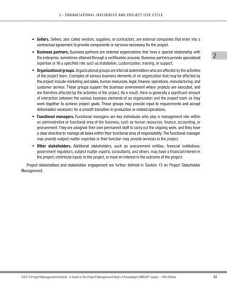 32 ©2013 Project Management Institute. A Guide to the Project Management Body of Knowledge (PMBOK®
Guide) – Fifth Edition
2 - ORGANIZATIONAL INFLUENCES AND PROJECT LIFE CYCLE
Just as stakeholders can positively or adversely impact a project’s objectives, a project can be perceived by
the stakeholders as having positive or negative results. For example, business leaders from a community who will
benefit from an industrial expansion project will see positive economic benefits to the community in the form of
additional jobs, supporting infrastructure, and taxes. In the case of stakeholders with positive expectations for the
project, their interests are best served by making the project successful. In contrast, the interests of negatively
affected stakeholders, such as nearby homeowners or small business owners who may lose property, be forced
to relocate, or accept unwanted changes in the local environment, are served by impeding the project’s progress.
Overlooking negative stakeholder interests can result in an increased likelihood of failures, delays, or other negative
consequences to the project.
An important part of a project manager’s responsibility is to manage stakeholder expectations, which can be
difficult because stakeholders often have very different or conflicting objectives. Part of the project manager’s
responsibility is to balance these interests and ensure that the project team interacts with stakeholders in a
professional and cooperative manner. Project managers may involve the project’s sponsor or other team members
from different locations to identify and manage stakeholders that could be dispersed around the world.
The following are some examples of project stakeholders:
s Sponsor. A sponsor is the person or group who provides resources and support for the project and is
accountable for enabling success. The sponsor may be external or internal to the project manager’s
organization. From initial conception through project closure, the sponsor promotes the project. This
includes serving as spokesperson to higher levels of management to gather support throughout the
organization and promoting the benefits the project brings. The sponsor leads the project through the
initiating processes until formally authorized, and plays a significant role in the development of the initial
scope and charter. For issues that are beyond the control of the project manager, the sponsor serves
as an escalation path. The sponsor may also be involved in other important issues such as authorizing
changes in scope, phase-end reviews, and go/no-go decisions when risks are particularly high. The
sponsor also ensures a smooth transfer of the project’s deliverables into the business of the requesting
organization after project closure.
s Customers and users. Customers are the persons or organizations who will approve and manage the
project’s product, service, or result. Users are the persons or organizations who will use the project’s
product,service,or result.Customers and users may be internal or external to the performing organization
and may also exist in multiple layers. For example, the customers for a new pharmaceutical product
could include the doctors who prescribe it, the patients who use it and the insurers who pay for it. In some
application areas, customers and users are synonymous, while in others, customers refer to the entity
acquiring the project’s product, and users refer to those who will directly utilize the project’s product.
 